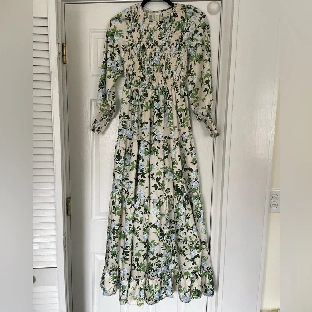 Tuckernuck - Beige w/ Blue & Green Floral Print Smocked Dress Sz XS - Picture 12 of 15